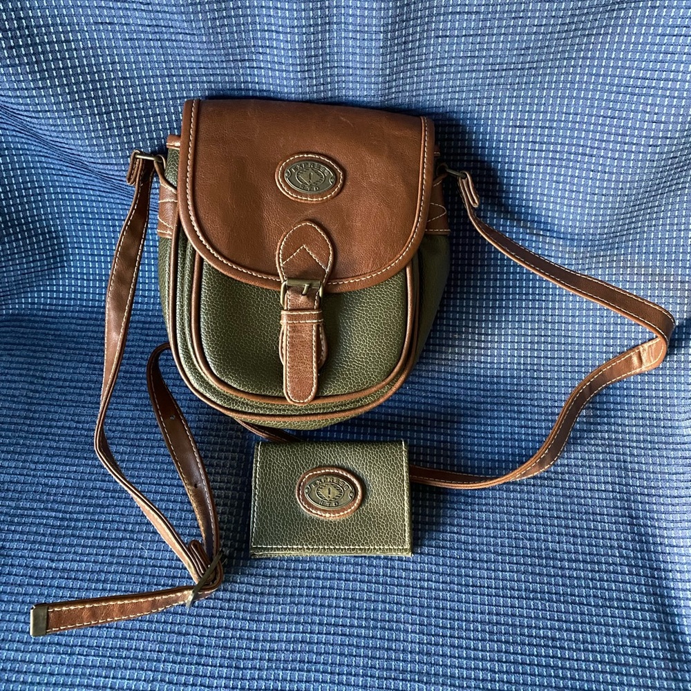 Express RTD Forest Green and Brown Leather Crossbody Bag with Matching Card Case